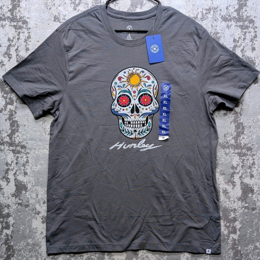 Hurley Mens Dia De Surf Sugar Skull Graphic Tee Stone Grey XL‎ NWT